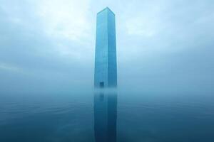 Glass Skyscraper Rising From Misty Water photo