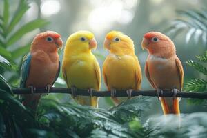 Four Colorful Lovebirds Perched on a Branch photo