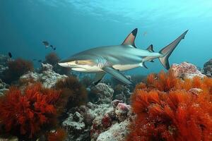Grey Reef Shark Swimming Near Coral Reef photo