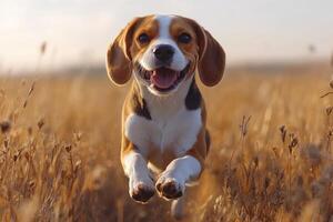 Happy Beagle Puppy Running Through Golden Field photo