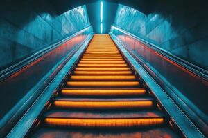Illuminated Escalator Ascending in a Subway Tunnel photo