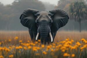 Majestic African Elephant in a Field of Yellow Flowers photo