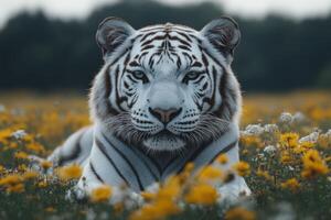 Majestic White Tiger Resting In A Field Of Flowers photo