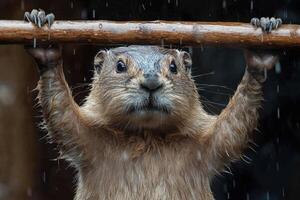 Marmot Hanging From Branch In Rain photo