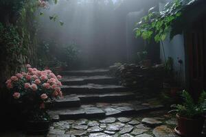 Misty Garden Path Stone Steps Roses photo