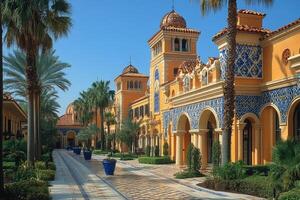 Mediterranean Style Building With Palm Trees And Walkway photo