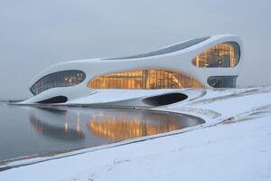 Modern architecture building illuminated in winter snow photo