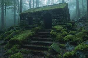 Moss Covered Stone Structure In A Misty Forest photo