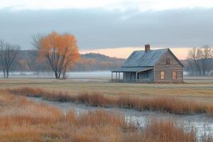 Old Farmhouse in Autumn Mist a Serene Landscape photo
