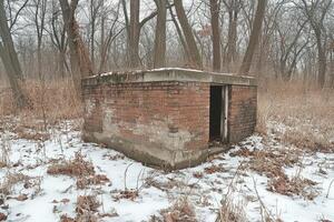Old Brick Structure In A Winter Woods Setting photo