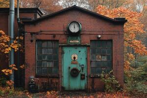 Old Brick Building With Autumn Leaves And A Teal Door photo