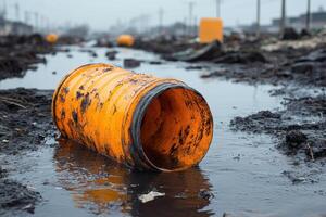 Orange Barrel Lies Submerged In Muddy Water Wasteland photo