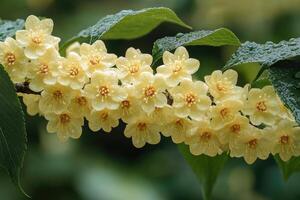 Pale yellow flowers bloom on a branch with green leaves photo