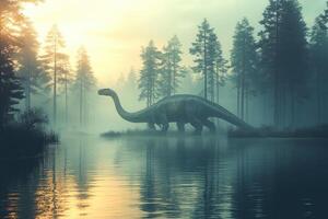 Prehistoric Sauropod Dinosaur in Misty Forest Lake photo