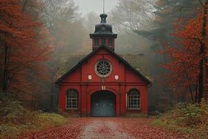 Red Brick Building In An Autumn Forest photo