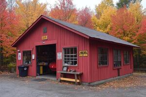 Red building autumn leaves car maple trees photo