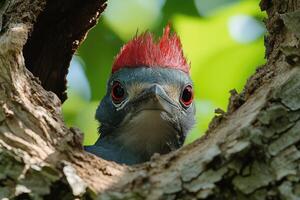 Red crested bird peeking from tree hole photo
