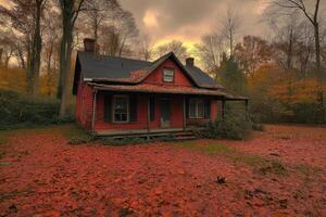 Red House Autumn Leaves Forest Setting photo