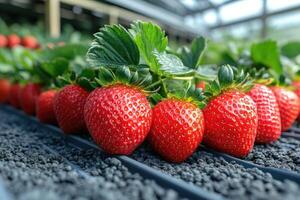 Ripe Red Strawberries Growing In Greenhouse Setting photo
