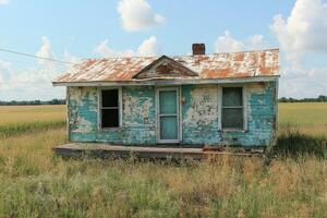 Rustic weathered cottage stands in a field photo