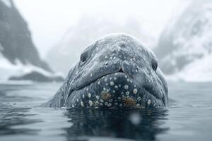 Snowy Whale Head Emerging From Arctic Water photo