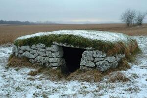 Stone Structure Covered In Grass And Snow In A Field photo