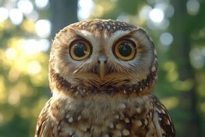 Stunning Owl Portrait Large Eyes Forest Background photo