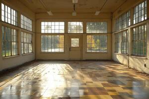 Sunlit Interior Of An Abandoned Building With Many Windows photo