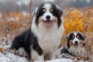 Two Australian Shepherds Sitting In Winter Snow photo