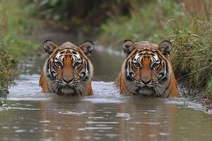 Two Majestic Tigers Walking Through a Shallow Stream photo