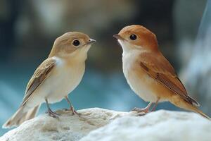 Two Small Birds Perched On A Rock Face photo