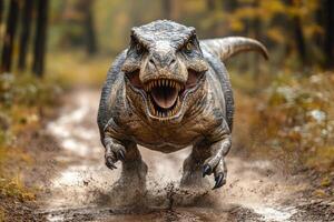 Tyrannosaurus Rex Running Through Autumn Forest Path photo