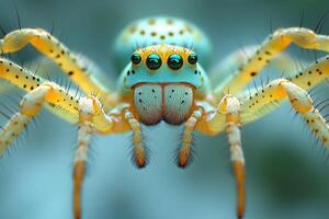 Vibrant Yellow And Teal Jumping Spider Close Up photo