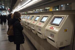 Woman Using Automated Ticket Machines In Subway Station photo