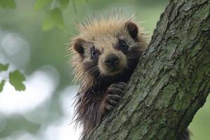 Young Porcupine Hiding Behind Tree Trunk In Forest photo