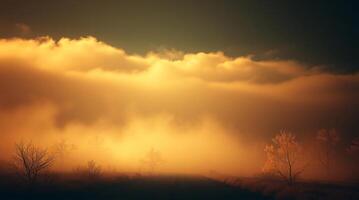 A road in the fog with trees and clouds photo