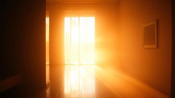 A hallway with the sun shining through the window photo