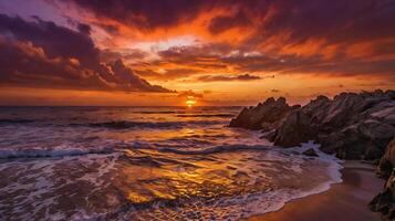 The sky is near dusk at the beautiful beach. photo