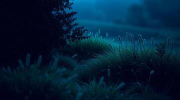 A dark night scene with grass and trees photo