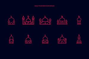 Mosque silhouette in red color outline on black background vector