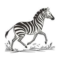 A stylized, black and white illustration of a zebra running across a grassy hill. vector