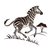 A stylized, black and white silhouette of a zebra in motion, running across a grassy plain. vector