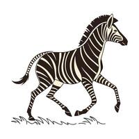 Bold black and white silhouette of a zebra running through tall grass. vector