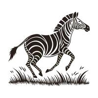 A stylized, black and white illustration of a zebra in a dynamic running pose against a simple background of textured hills, evoking a sense of speed and freedom in the African savanna. vector