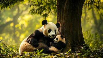 A mother and baby panda are playing in the forest under a shady tree photo