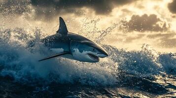 Great white shark coming out of the ocean. 3D Rendering photo