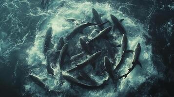 Multiple sharks circle around a tightly packed ball photo