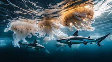 Underwater world with jellyfish and sharks. 3D rendering. photo