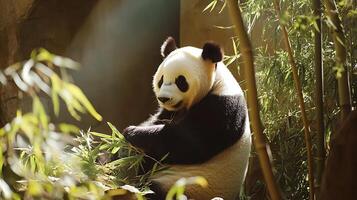 Giant panda bear eating bamboo in the zoo. Pandas are the largest of the world. photo