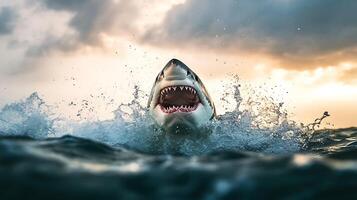 Great white shark with open mouth and sharp teeth in ocean. photo